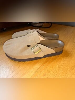 Taupe Suede Slide Sandals with Brass Buckle